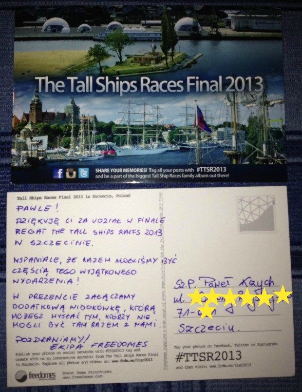 Taką pocztówkę dostałem od Freedomes za wsparcie ich akcji podczas finału regat TTSR 2013